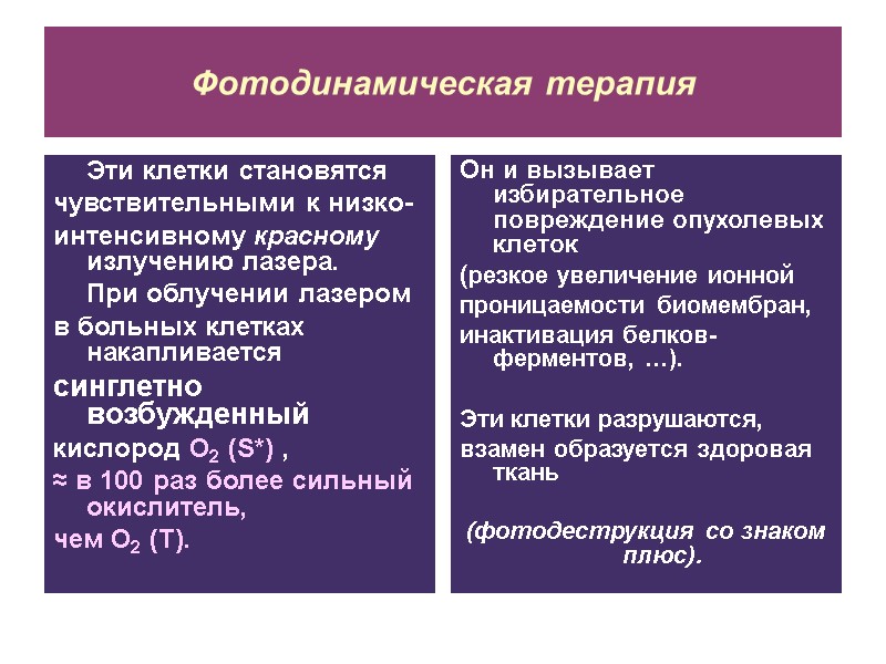 Фотодинамическая терапия  Эти клетки становятся чувствительными к низко- интенсивному красному излучению лазера. 